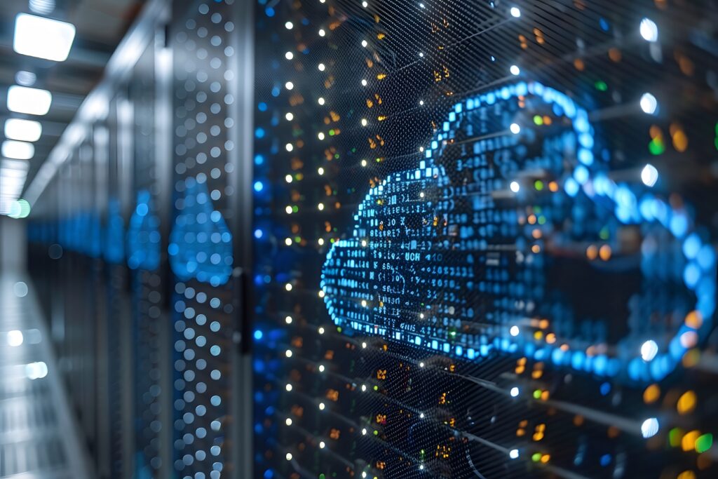 Cloud Computing Data Center Technology with Digital Cloud Icon Generative AI